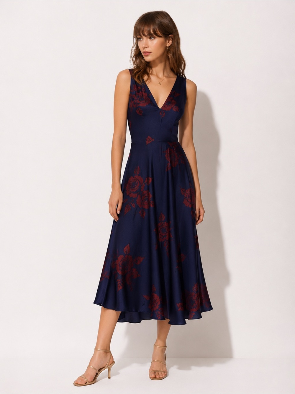 Romantic Silk Floral Midi Dress – Navy Blue - size 2